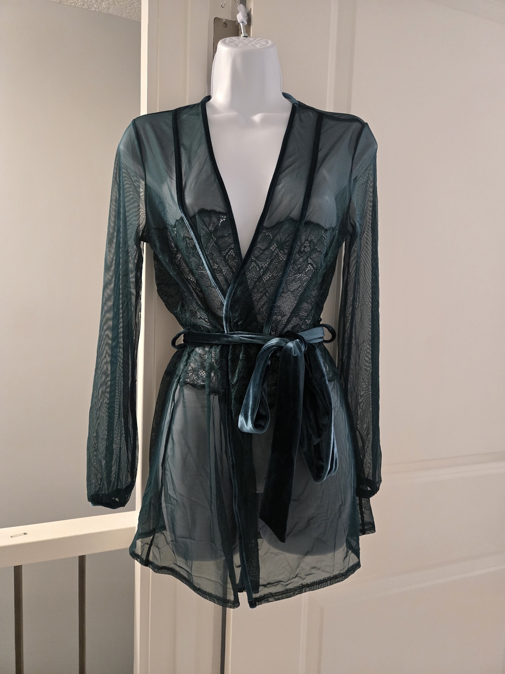La Senza Sheer Lace Velvet Robe In Dark Emerald Green